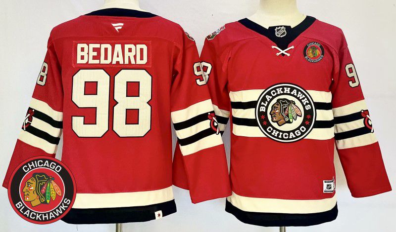 Men Chicago Blackhawks #98 Bedard Red Fanatics 2025 NHL Jersey style 4